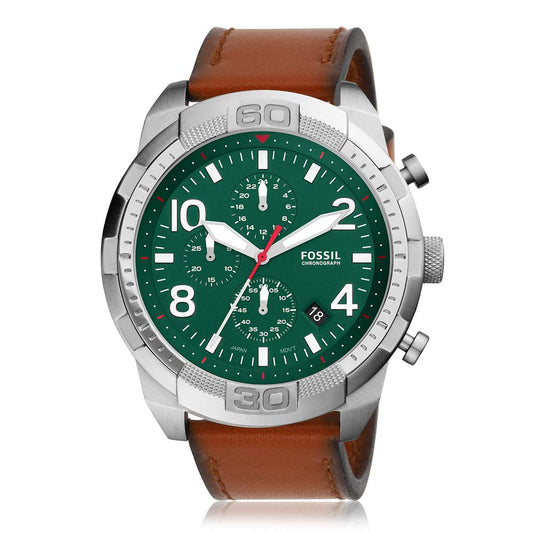 Fossil Bronson Chronograph Green Dial Brown Leather Strap Watch for Men - FS5738