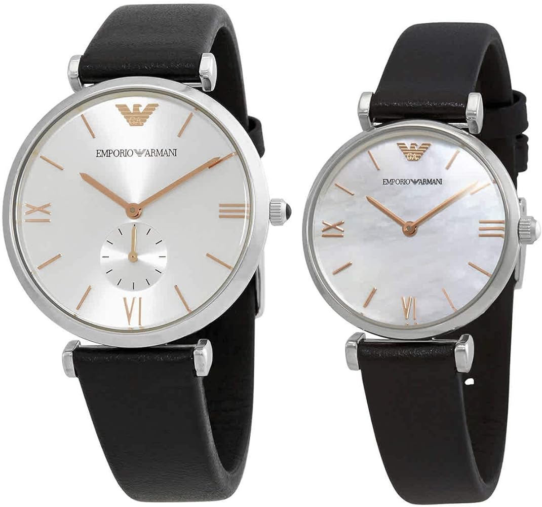 Emporio Armani Gianni T Bar Mother of Pearl Dial Black Leather Strap Watch For Women - AR90002