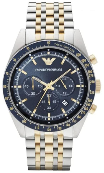 Emporio Armani Tazio Chronograph Blue Dial Two Tone Steel Strap Watch For Men - AR8030