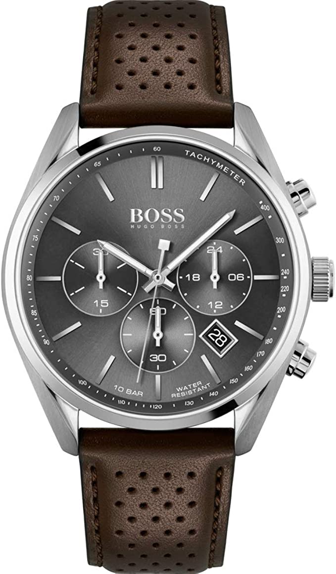 Hugo Boss Champion Chronograph Grey Dial Brown Leather Strap Watch for Men - 1513815