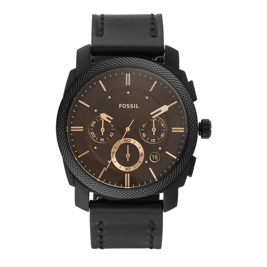 Fossil Machine Chronograph Black Dial Black Leather Strap Watch for Men - FS5586