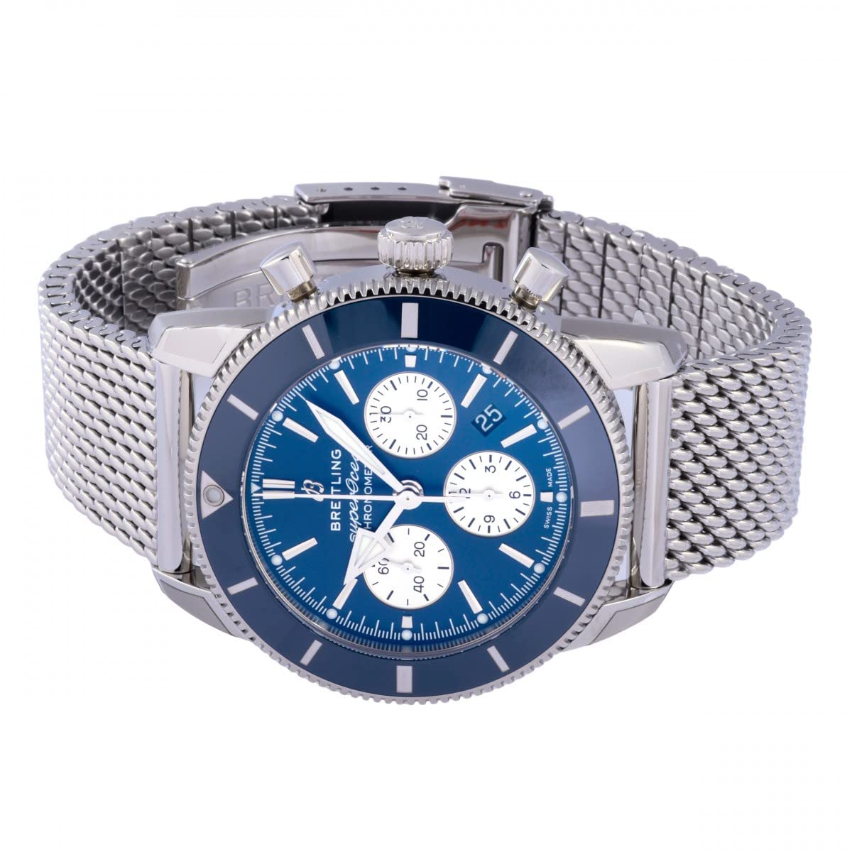 Breitling Superocean Heritage B01 Chronograph 44 Blue Dial Silver Mesh Bracelet Watch for Men - AB0162161C1A1