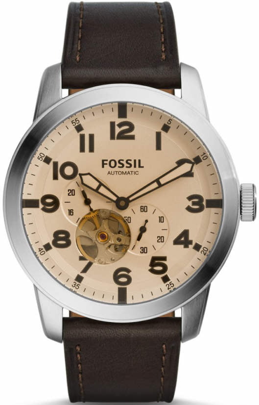 Fossil Pilot 54 Automatic Cream Dial Brown Leather Strap Watch for Men - ME3119