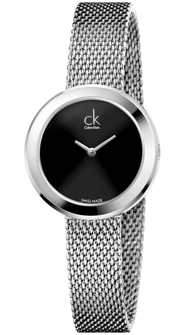 Calvin Klein Firm Black Dial Silver Mesh Bracelet Watch for Women - K3N23121