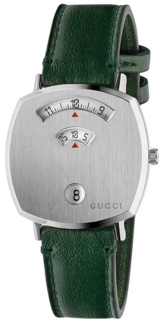 Gucci Grip Quartz Silver Dial Green Leather Strap Unisex Watch - YA157412
