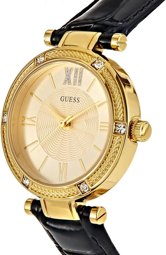 Guess Park Avenue Quartz Gold Dial Black Leather Strap Watch For Women - W0838L1