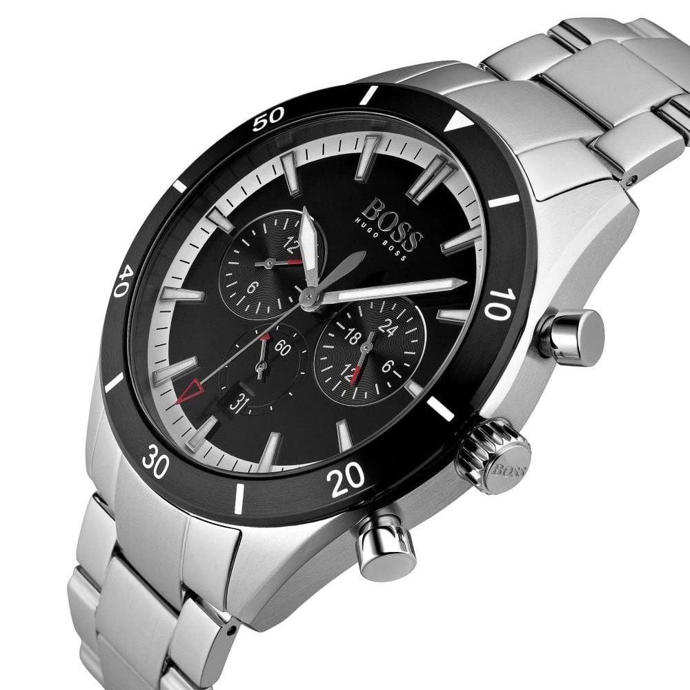 Hugo Boss Santiago Chronograph Black Dial Silver Steel Strap Watch for Men - 1513862