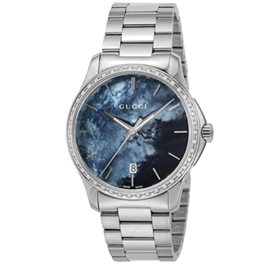 Gucci G Timeless Diamonds Mother of Pearl Blue Dial Silver Steel Strap Unisex Watch - YA126458