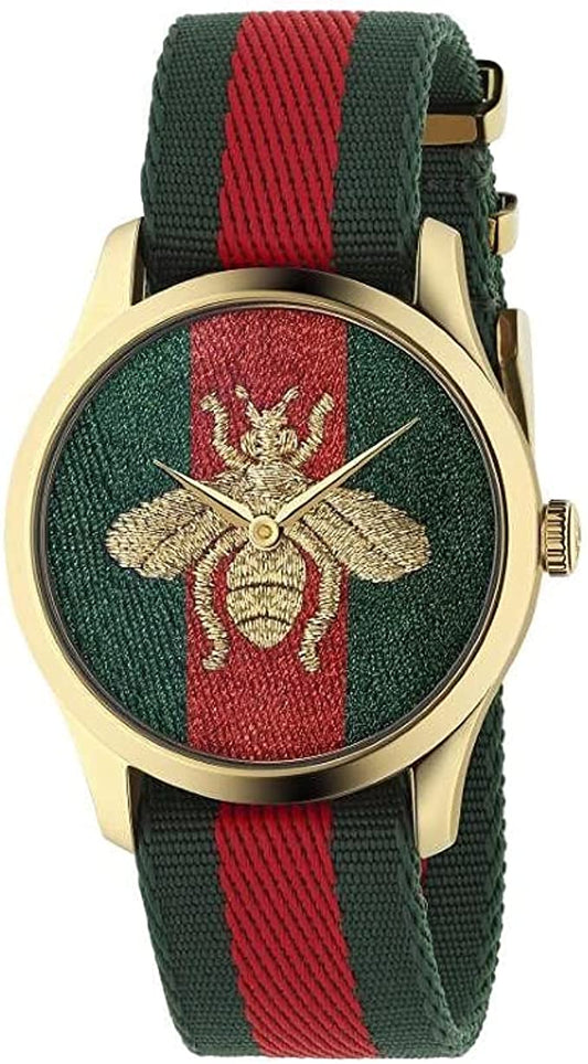 Gucci Le Marche des Merveilles Bee Motif Two-tone NATO Strap Green Dial Quartz Unisex Watch - YA126487