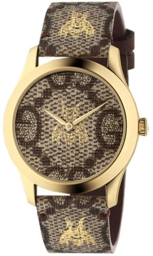 Gucci G Timeless Bee Motif Quartz Brown Dial Brown Leather Strap Watch For Men - YA1264068