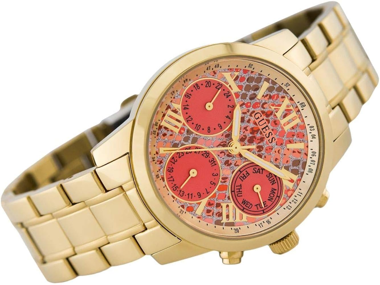 Guess Mini Sunrise Quartz Analog Orange Dial Gold Steel Strap Watch For Women - W0448L7