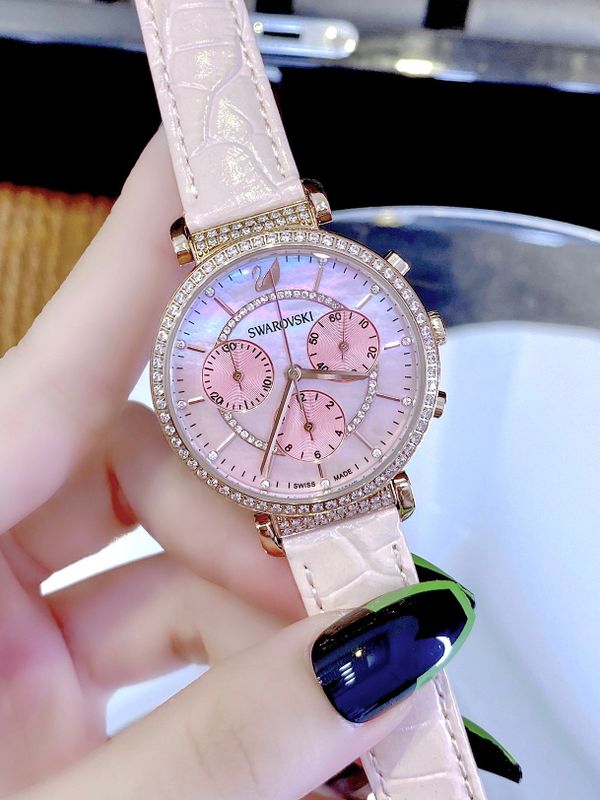 Swarovski Passage Chrono Pink Dial Pink Leather Strap Watch for Women - 5580352