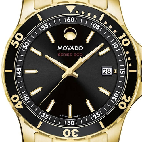 Movado Series 800 Black Dial Gold Steel Strap Watch For Men - 2600145