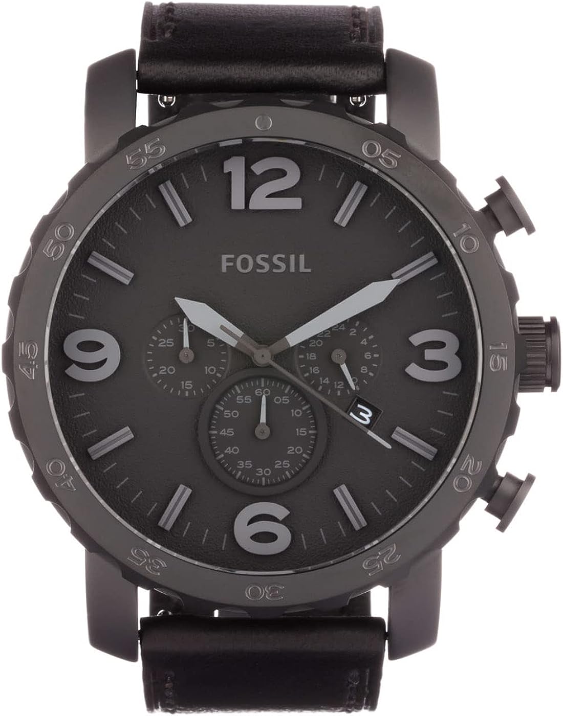 Fossil Nate Chronograph Black Dial Black Leather Strap Watch for Men - JR1354