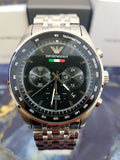 Emporio Armani Tazio Chronograph Team Italia Black Dial Silver Steel Strap Watch For Men - AR5983