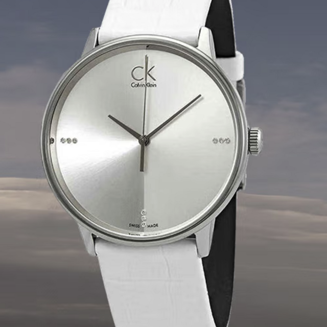 Calvin Klein Accent Silver Dial White Leather Strap Watch for Men - K2Y2X1KW