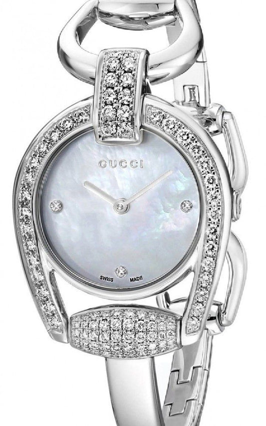 Gucci Horsebit Diamonds Mother of Pearl Dial Silver Steel Strap Watch For Women - YA139505