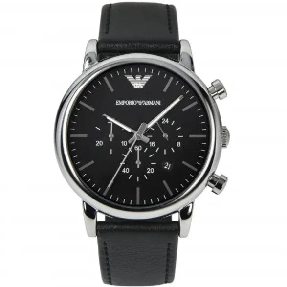 Emporio Armani Classic Chronograph Black Dial Black Leather Strap Watch For Men - AR1733