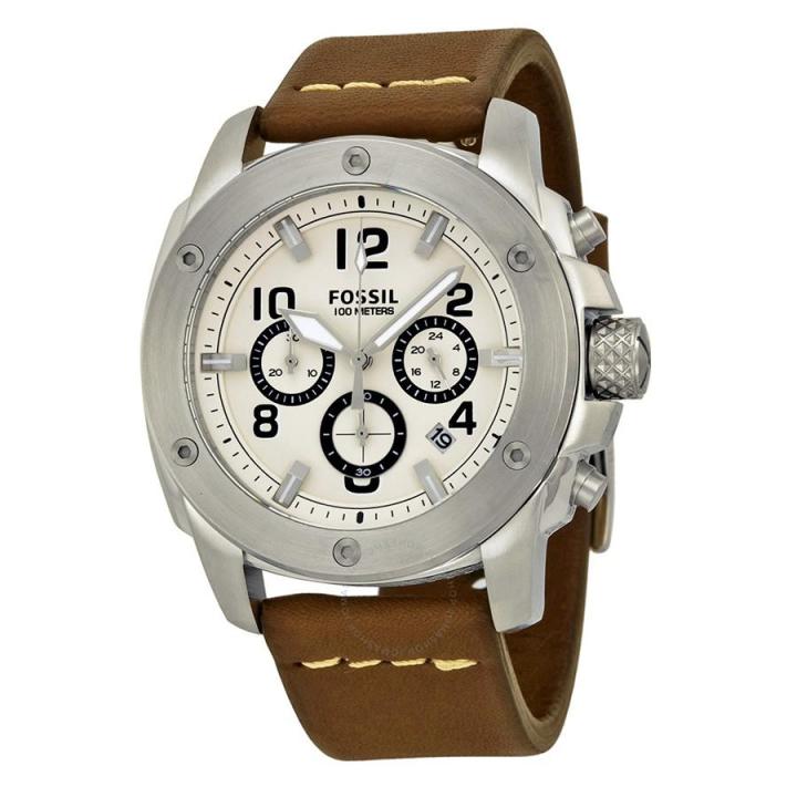 Fossil Modern Machine White Dial Brown Leather Strap Watch for Men - FS4929