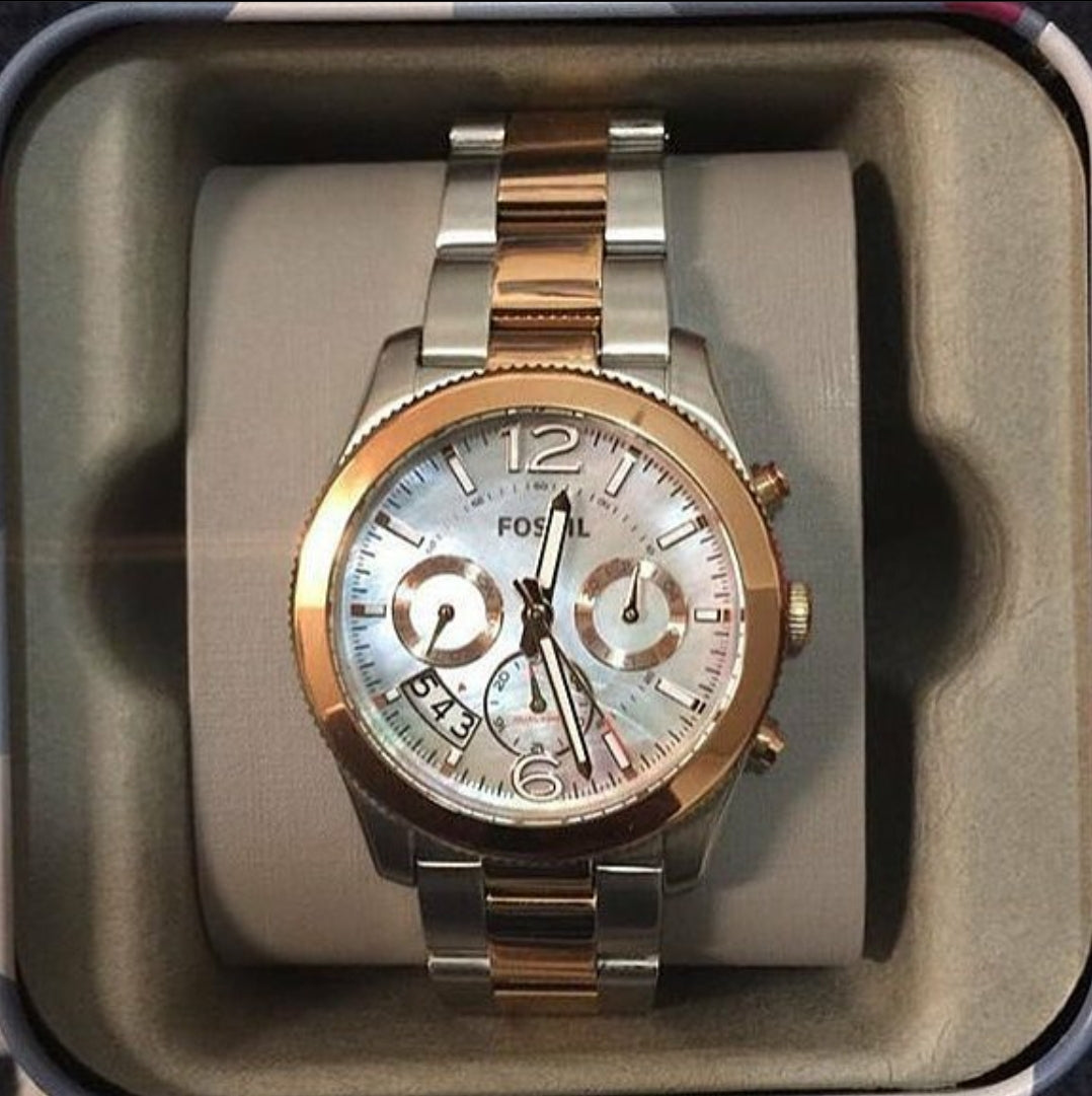 Fossil Perfect Boyfriend Mother of Pearl White Dial Two Tone Steel Strap Watch for Women - ES4135