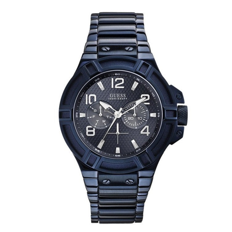 Guess Rigor Multifunction Black Dial Blue Steel Strap Watch for Men - W0218G4