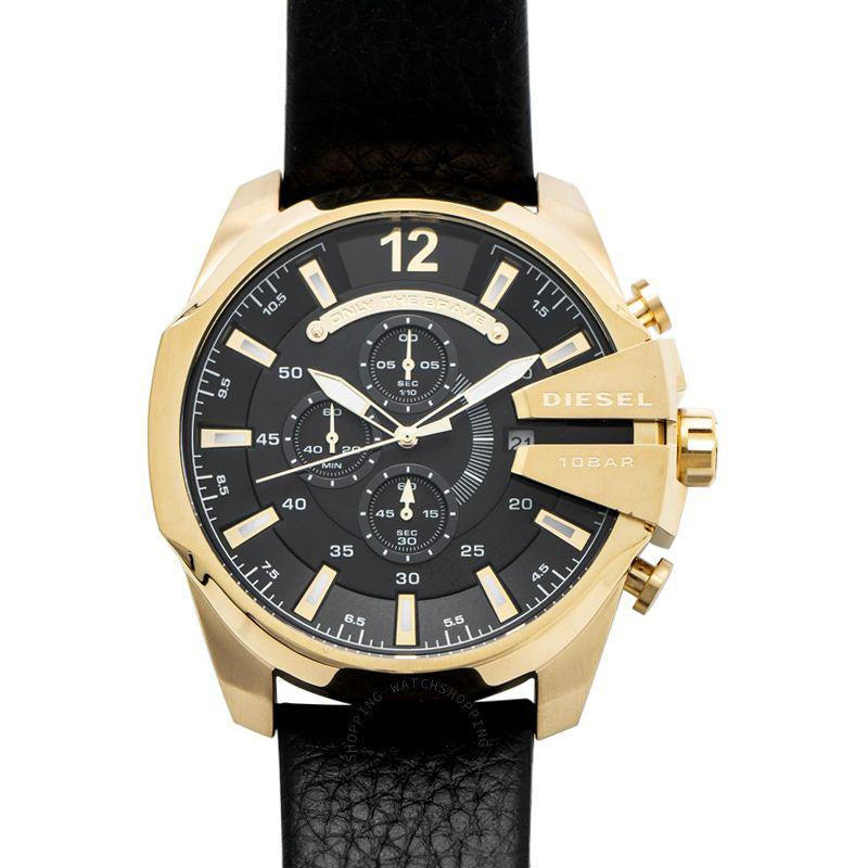 Diesel Mega Chief Gold & Black Dial Black Leather Strap Watch For Men - DZ4344