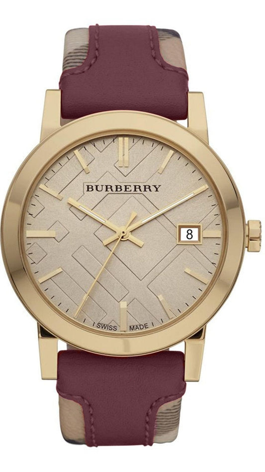 Burberry The City Gold Dial Maroon Leather Strap Watch for Women - BU9017