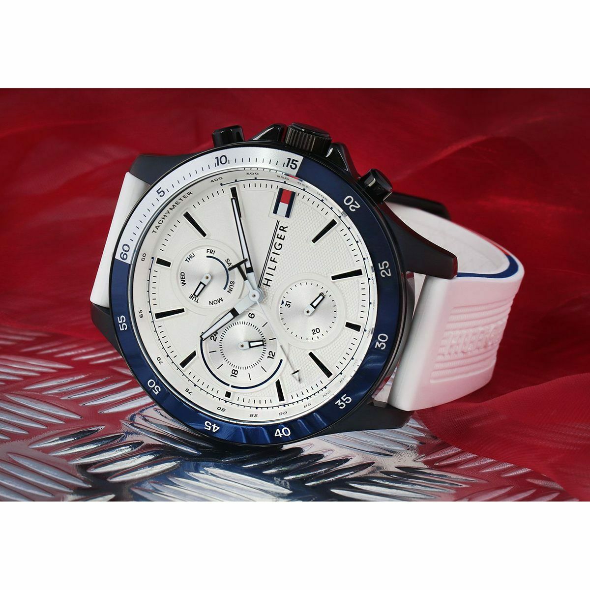 Tommy Hilfiger Bank Chronograph White Dial White Rubber Strap Watch for Men - 1791723