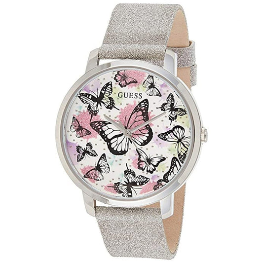 Guess Sparkle Butterfly White Dial Silver Leather Strap Watch For Women - GW0008L1