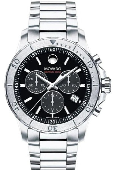 Movado Series 800 Chronograph Black Dial Silver Steel Strap Watch For Men - 2600110