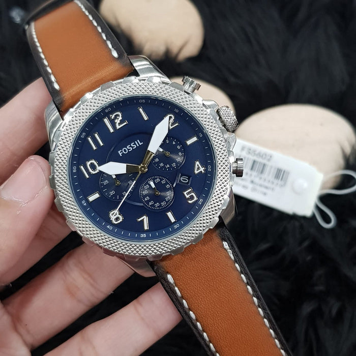 Fossil Bowman Chronograph Luggage Blue Dial Brown Leather Strap Watch for Men - FS5602