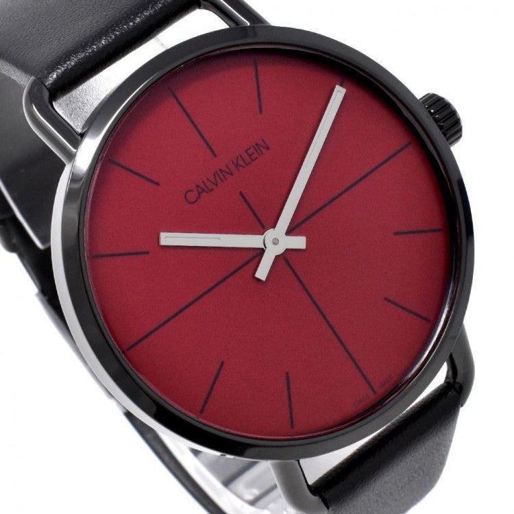 Calvin Klein Even Maroon Dial Black Leather Strap Watch for Men - K7B214CP