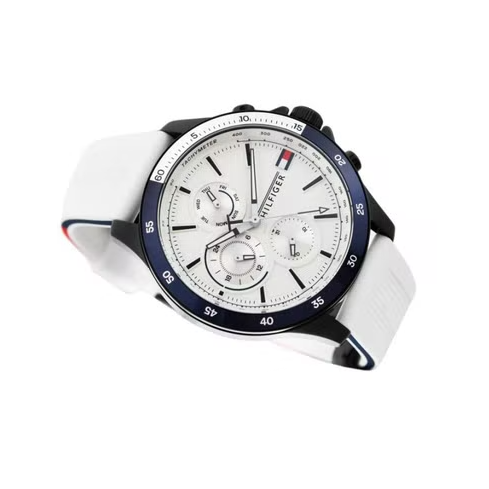 Tommy Hilfiger Bank Chronograph White Dial White Rubber Strap Watch for Men - 1791723