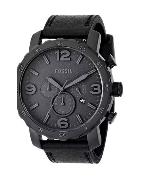 Fossil Nate Chronograph Black Dial Black Leather Strap Watch for Men - JR1354