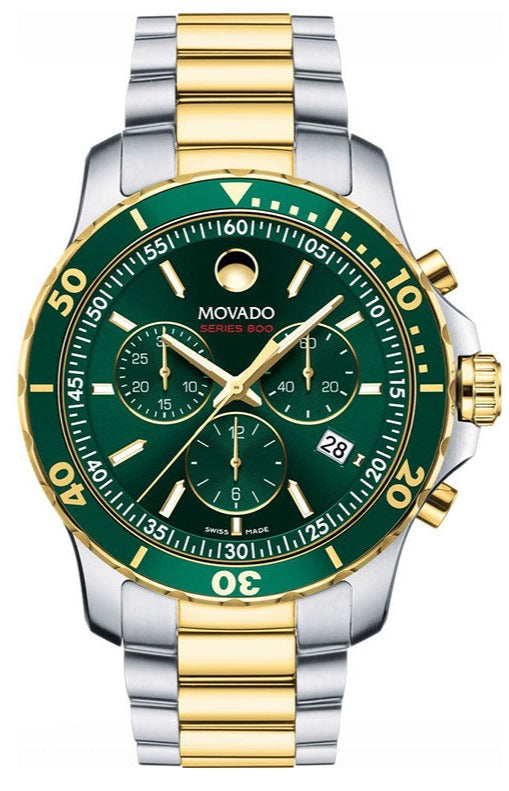 Movado Series 800 Chronograph Green Dial Two Tone Steel Strap Watch For Men - 2600148