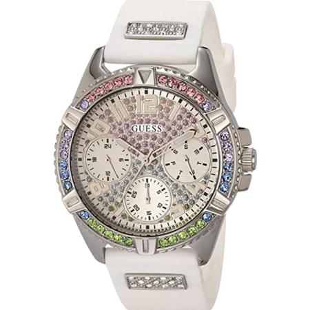 Guess Frontier Diamonds Silver Dial White Rubber Strap Watch for Women - GW0045L1