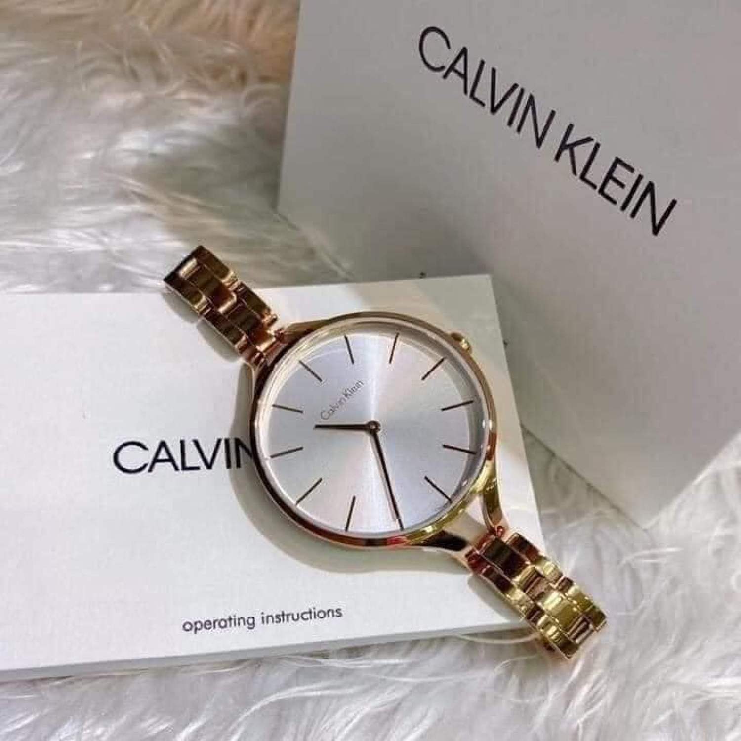 Calvin Klein Graphic Silver Dial Rose Gold Steel Strap Watch for Women - K7E23646