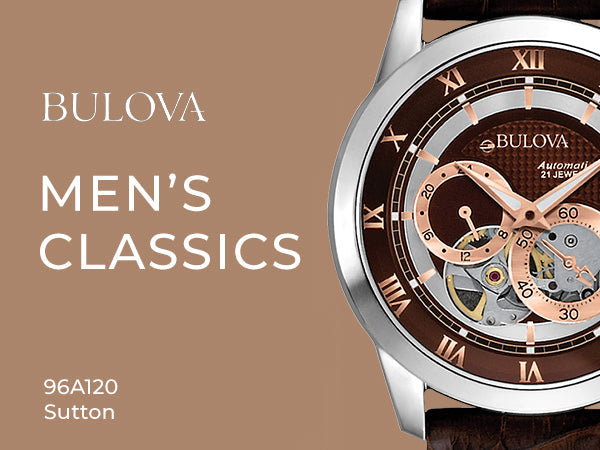 Bulova Classic Skeleton Automatic Brown Dial Brown Leather Strap Watch for Men - 96A120