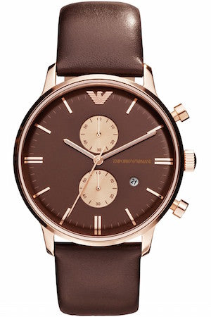 Emporio Armani Classic Chronograph Brown Dial Brown Leather Strap Watch For Men - AR0387