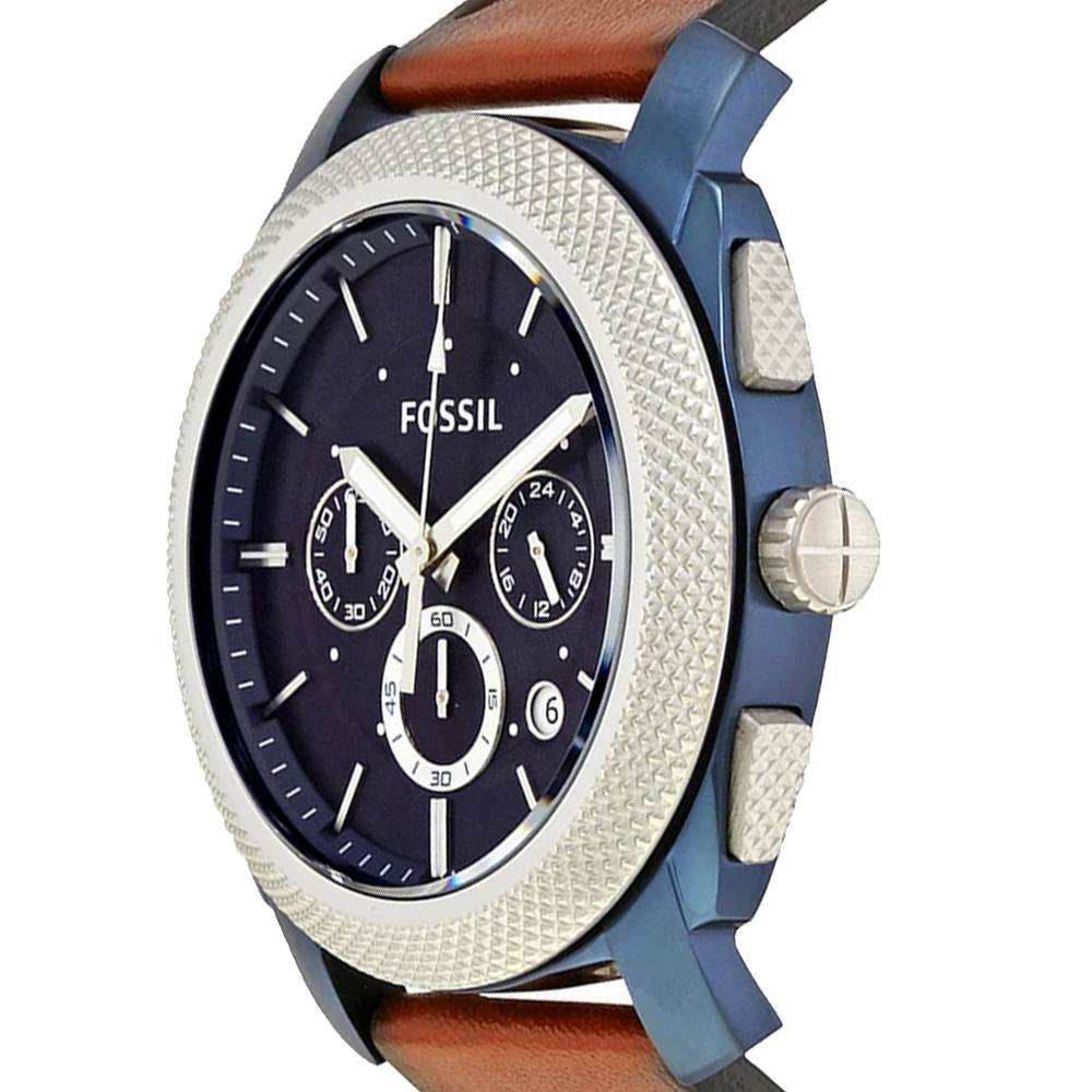 Fossil Machine Chronograph Blue Dial Brown Leather Strap Watch for Men - FS5232