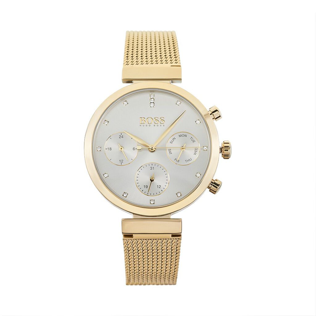 Hugo Boss Flawless Chronograph Silver Dial Gold Mesh Bracelet Watch for Women - 1502552