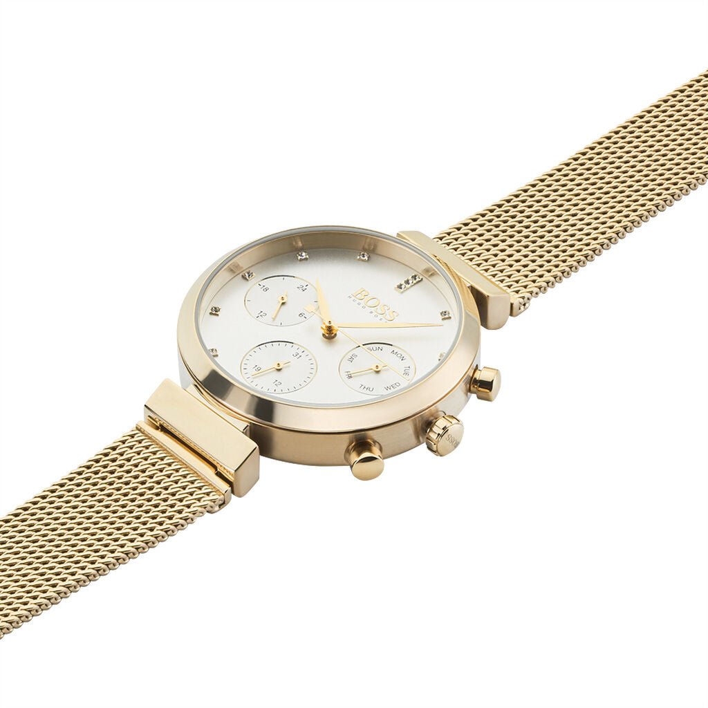 Hugo Boss Flawless Chronograph Silver Dial Gold Mesh Bracelet Watch for Women - 1502552