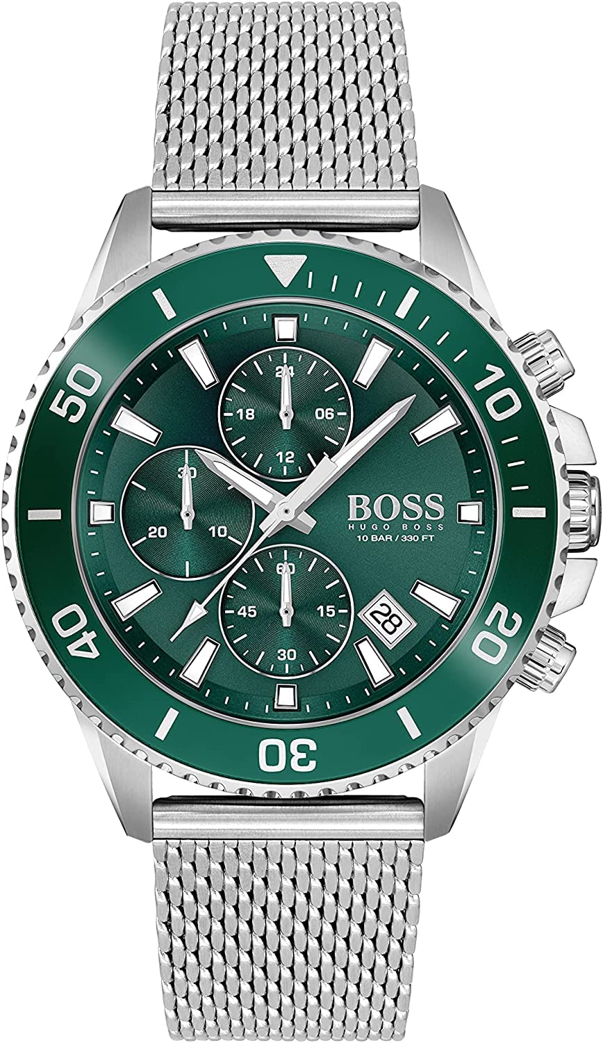 Hugo Boss Admiral Chronograph Green Dial Silver Mesh Bracelet Watch for Men - 1513905