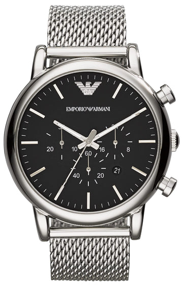 Emporio Armani Chronograph Black Dial Silver Mesh Bracelet Watch For Men - AR11104