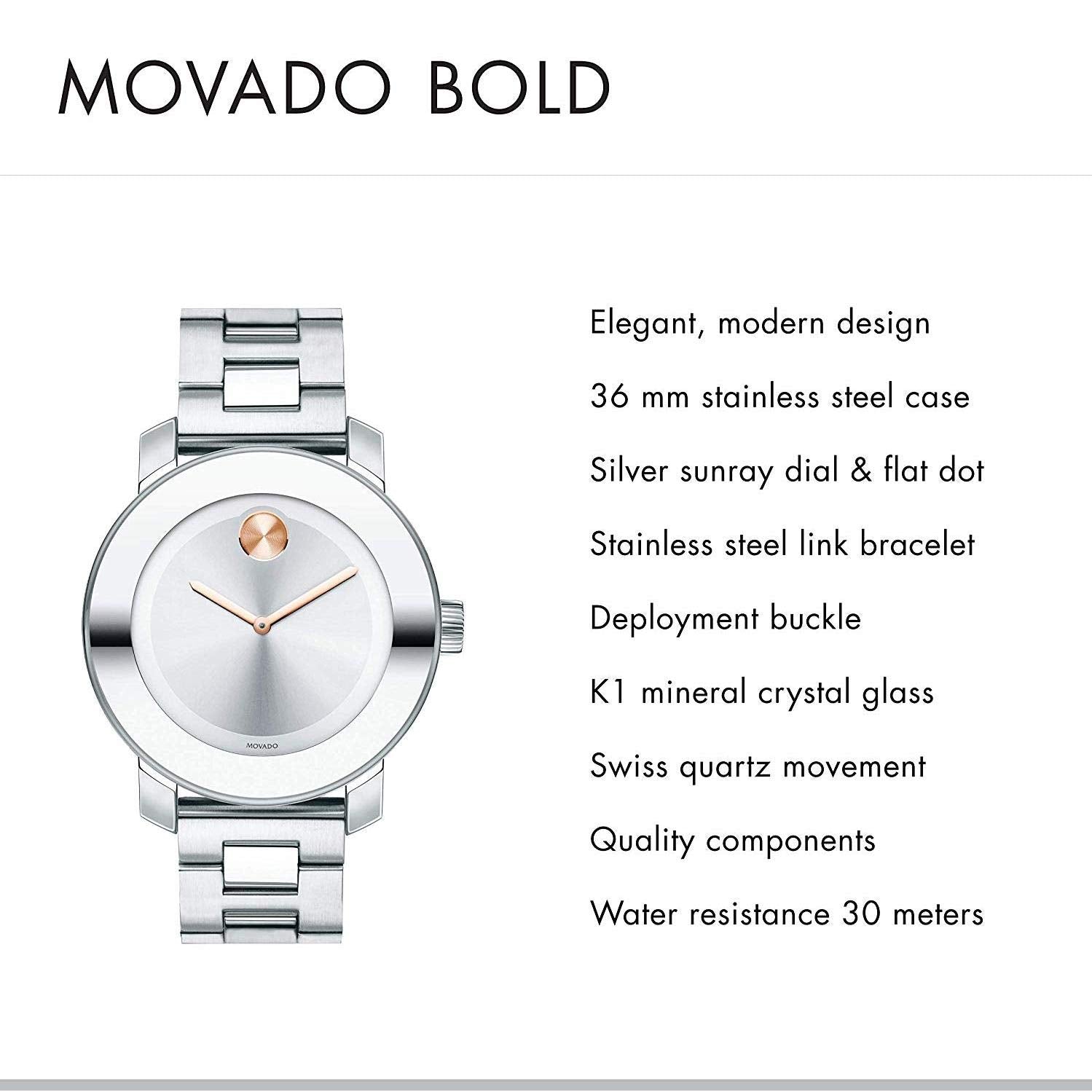 Movado Bold Silver Dial Silver Steel Strap Watch For Women - 3600084