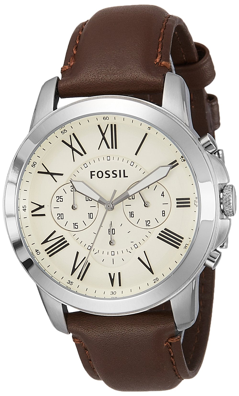 Fossil Grant Chronograph Beige Dial Brown Leather Strap Watch for Men - FS4735