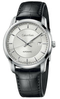 Calvin Klein Infinity Silver Dial Black Leather Strap Watch for Men - K5S341C6