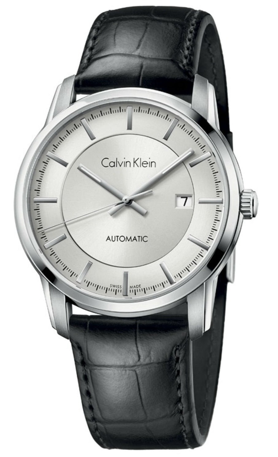 Calvin Klein Infinity Silver Dial Black Leather Strap Watch for Men - K5S341C6