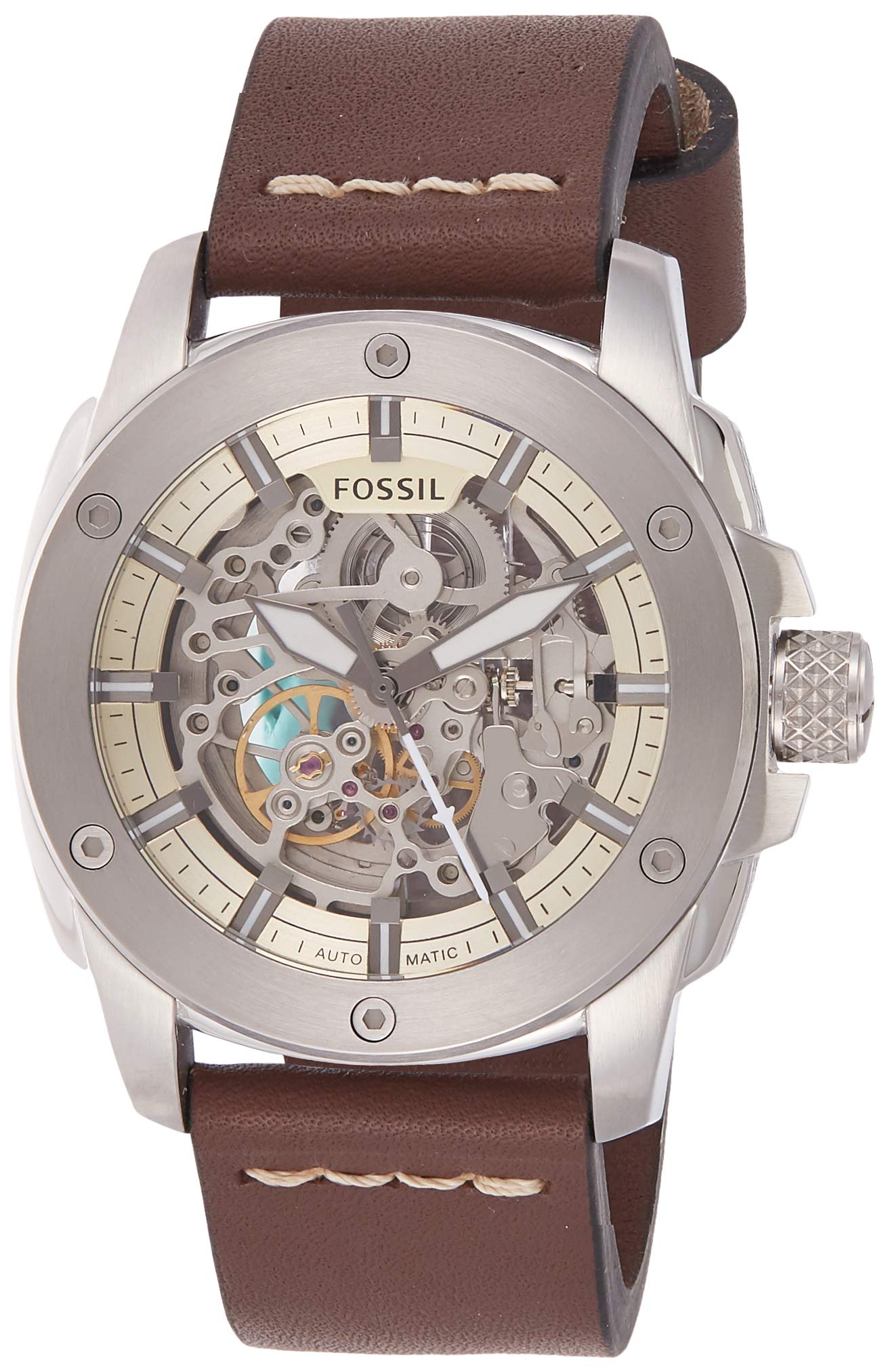 Fossil Modern Machine Automatic Skeleton White Dial Brown Leather Strap Watch for Women - ME3083