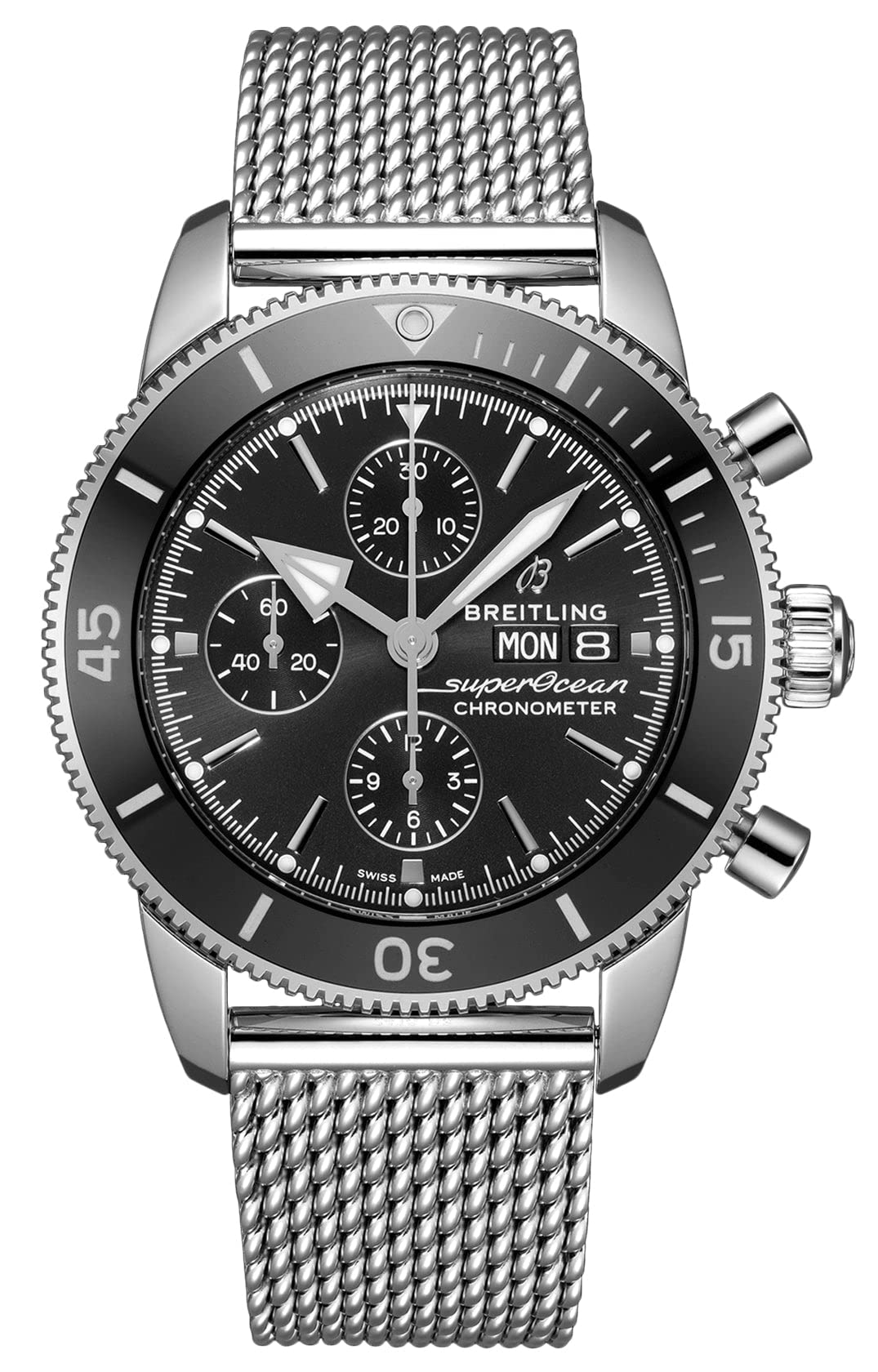 Breitling Superocean Heritage Chronograph 44 Black Dial Silver Mesh Bracelet Watch for Men - A13313121B1A1